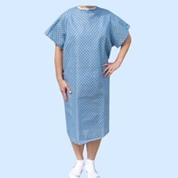 Economy Straight Tie Back Patient Gown Blue with White Flower Pattern
